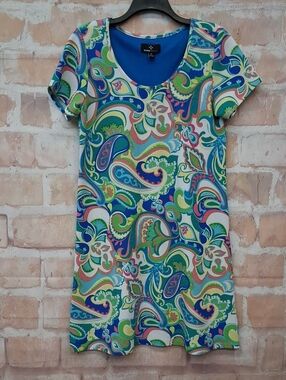 Ronni Nicole Short Sleeve Scoop Neck Paisley Dress - Blue, Green, Pink